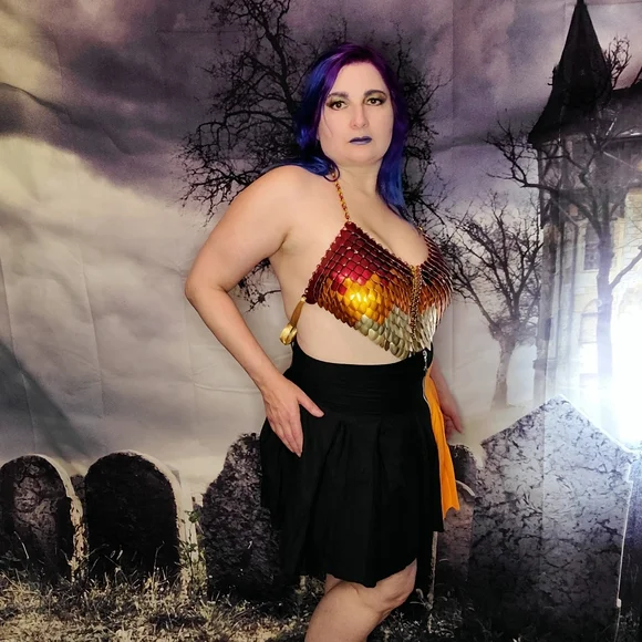 Dolls kill burn festival rave club scalemail red orange gold halter top S-XL